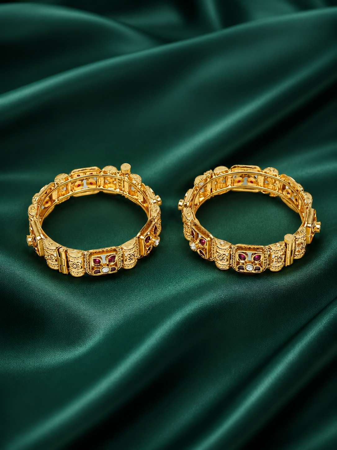 Zevar Club Set of 2 22K Gold-Plated Handcrafted Rajwadi Bangles with Ruby Red Stones & White Accents for Women