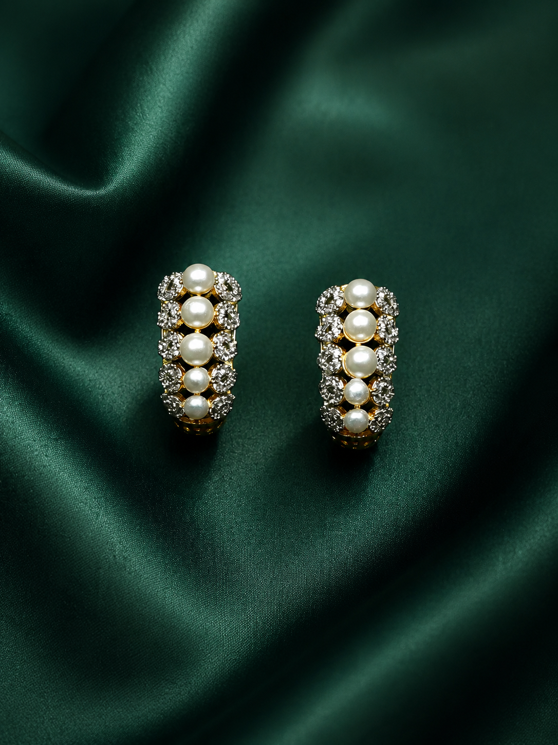 Zevar Club 22K Gold-Plated Handcrafted Cubic Zirconia & Pearl Studded Huggie Hoop Earrings