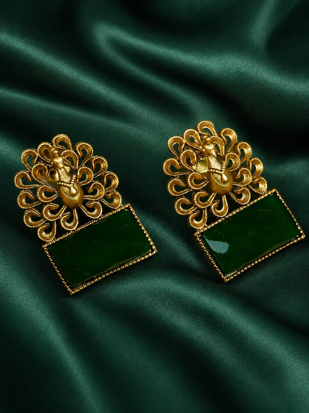 Zevar Club Brass Gold-Toned Statement Peacock Motif Earrings with Emerald Red Rectangular Stones