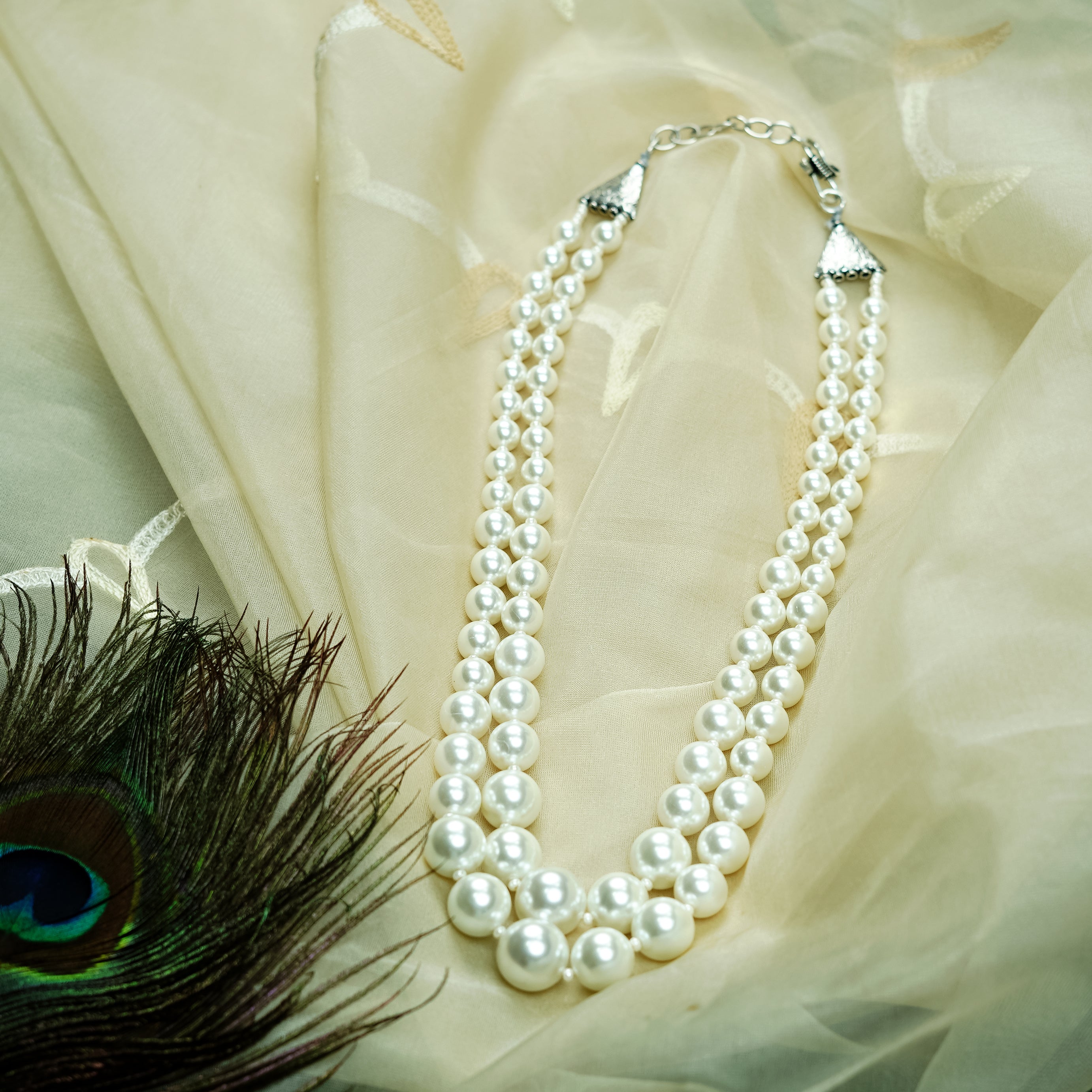 Zevar Club Glossy White, Peach Pink & Light Yellow Glossy Pearl Double Layer Silver Tone Handcrafted Luxury Necklace