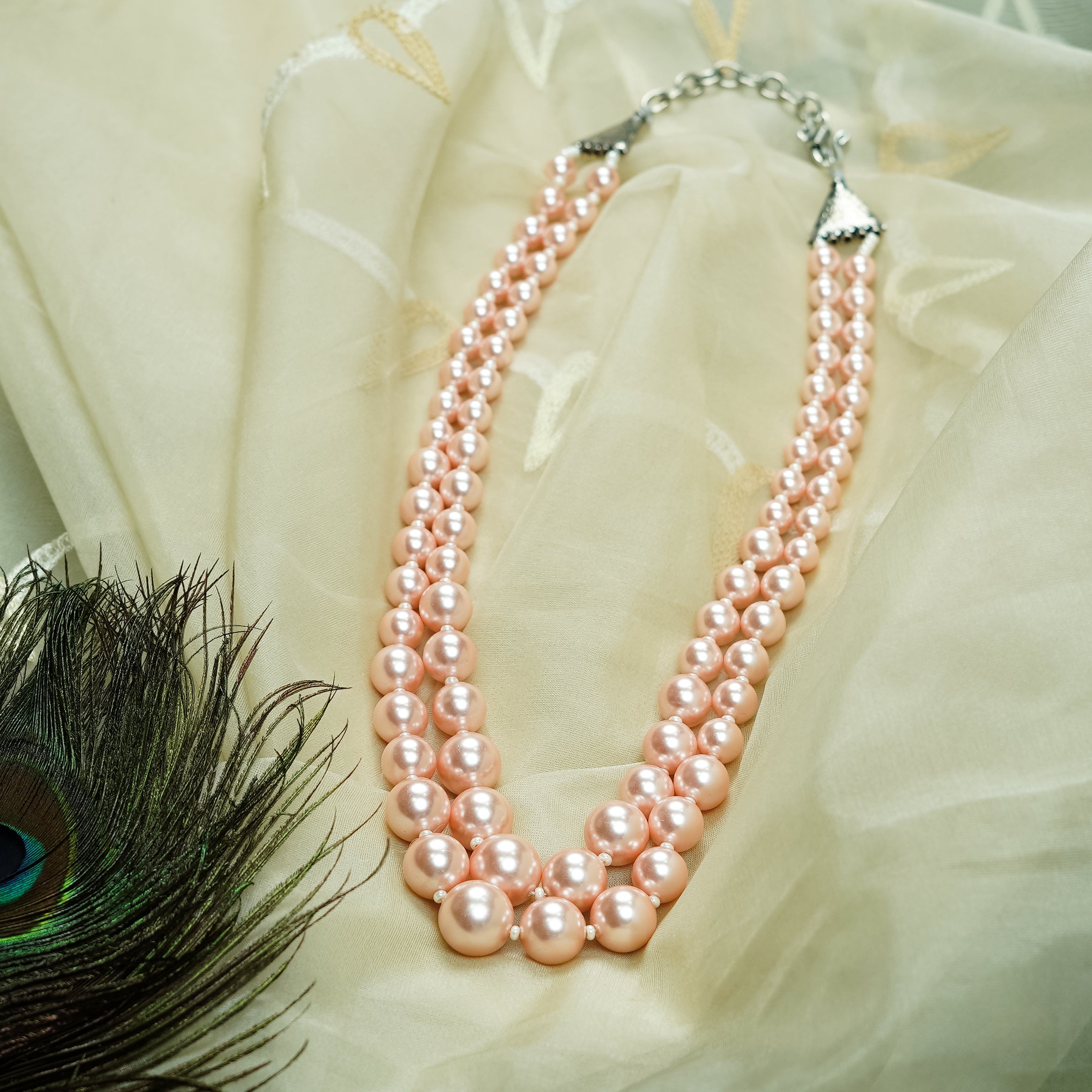 Zevar Club Glossy White, Peach Pink & Light Yellow Glossy Pearl Double Layer Silver Tone Handcrafted Luxury Necklace