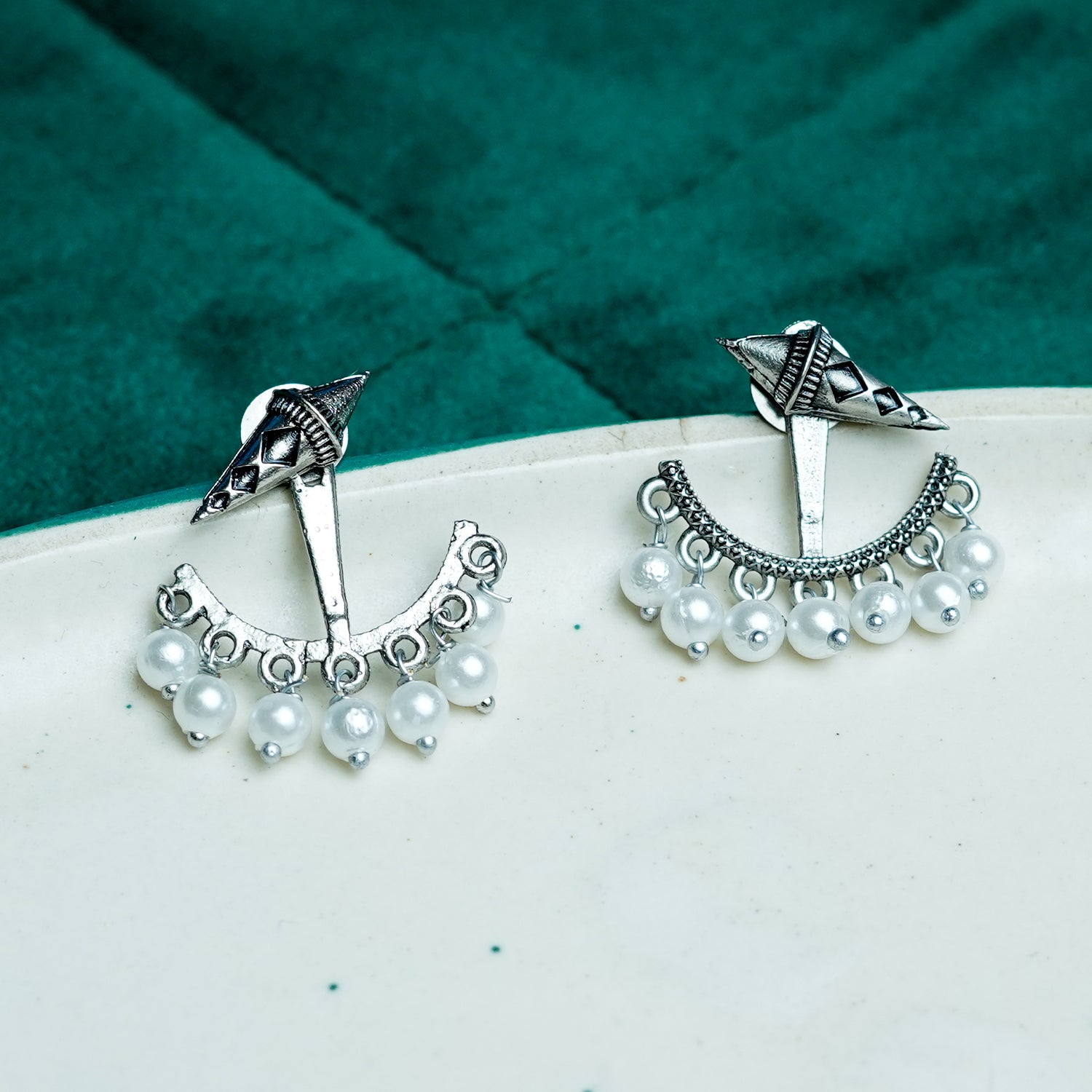 Zevar Club 18K Gold-Plated Statement Stud Earrings with Pointed Top & Cream Pear Pearl Crescent Drop