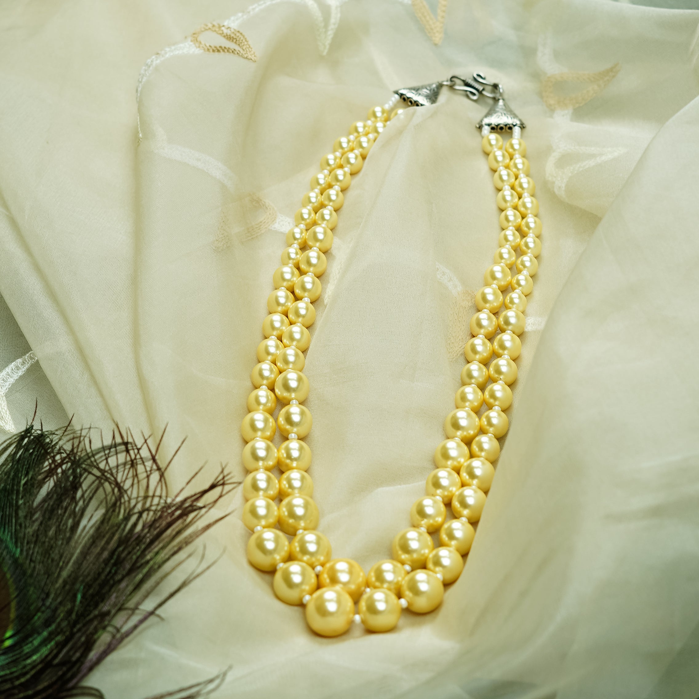 Zevar Club Glossy White, Peach Pink & Light Yellow Glossy Pearl Double Layer Silver Tone Handcrafted Luxury Necklace