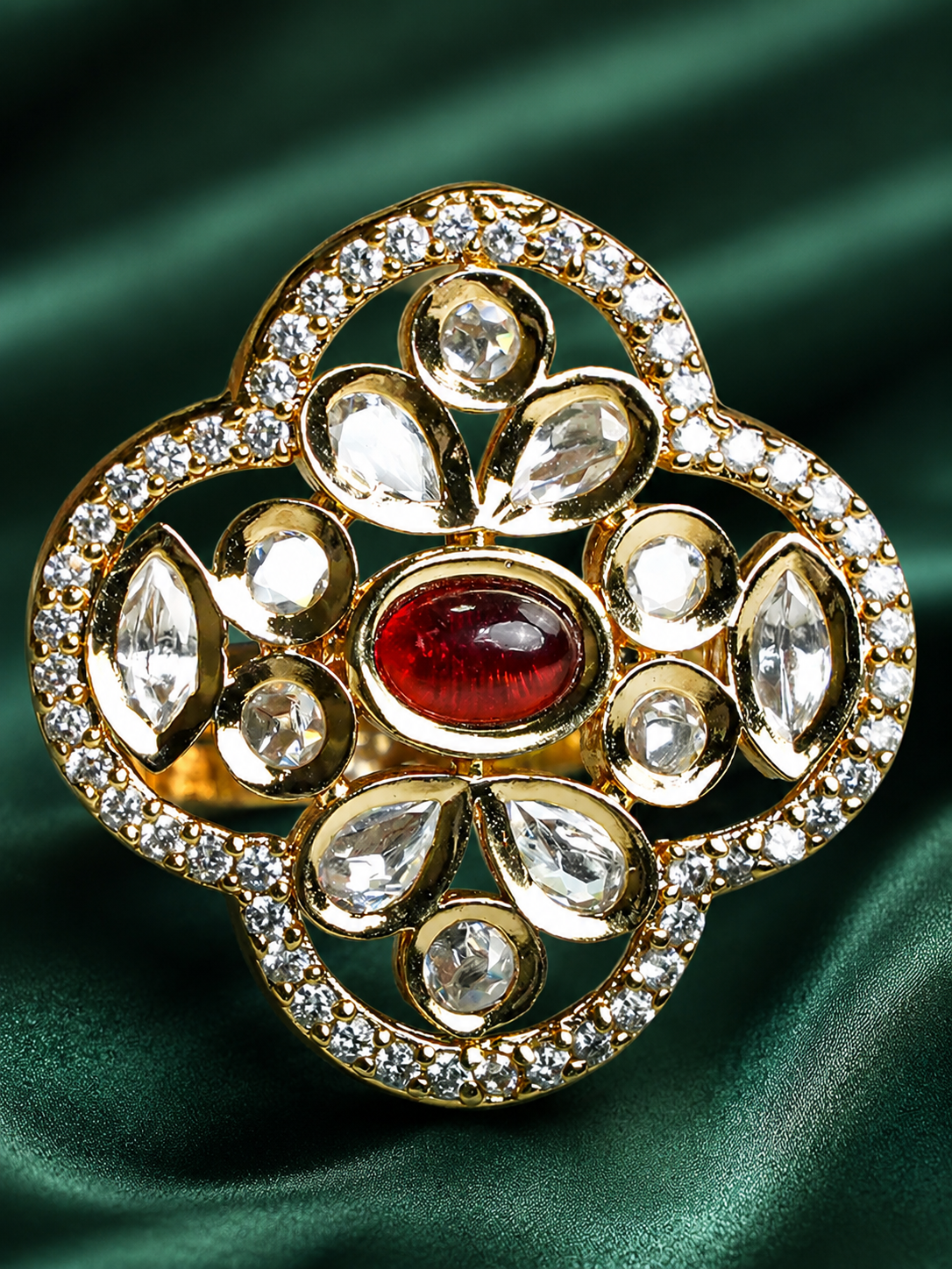 Zevar Club Gold-Toned White Kundan & Ruby Red Stone Studded Floral Adjustable Ring