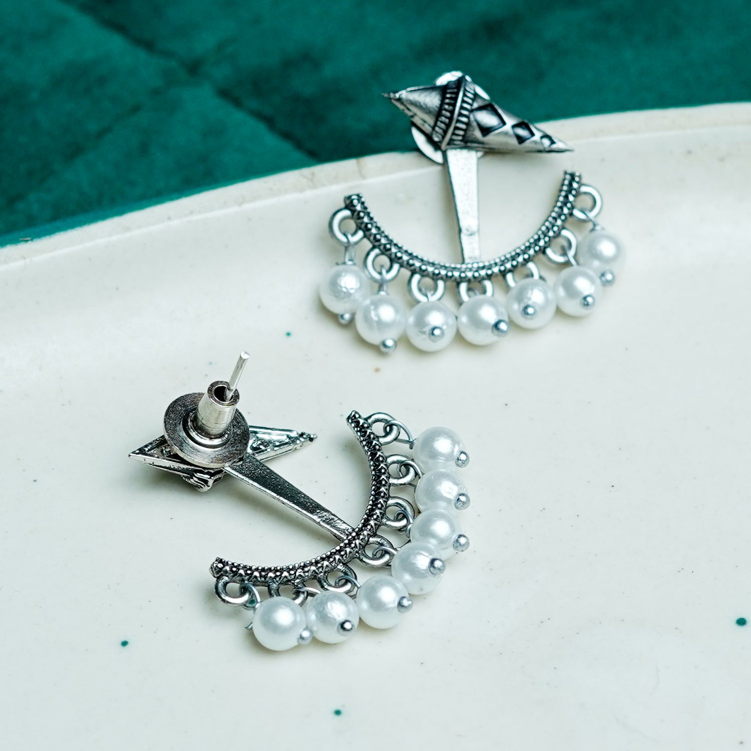 Zevar Club 18K Gold-Plated Statement Stud Earrings with Pointed Top & Cream Pear Pearl Crescent Drop