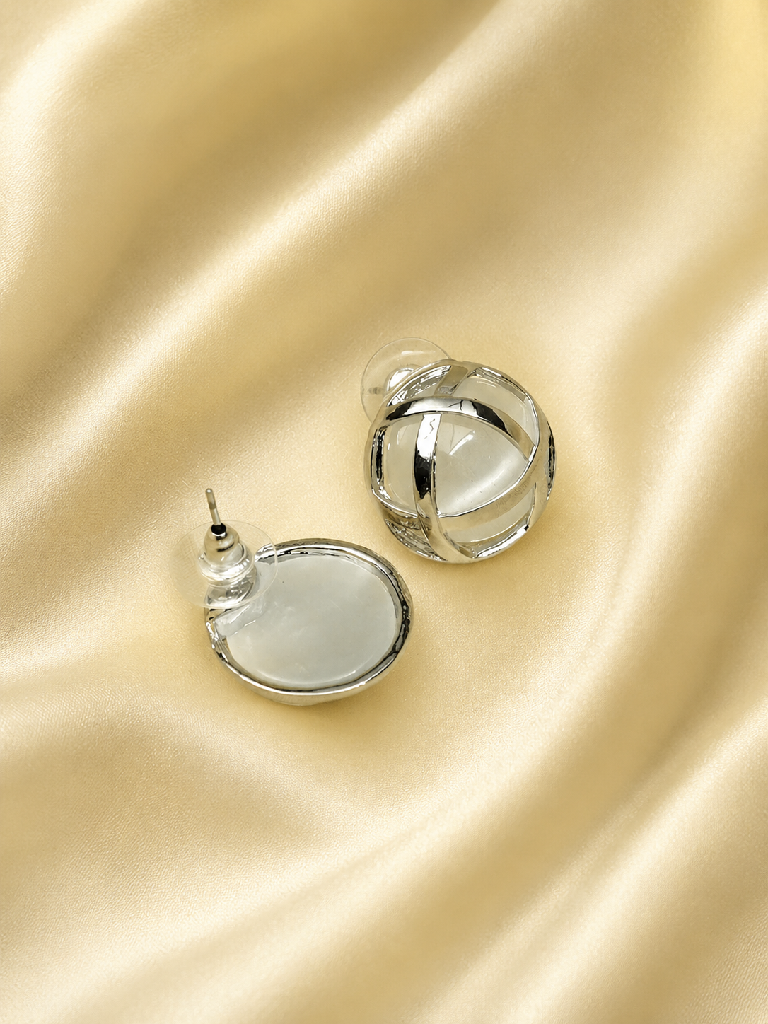 Zevar Club Silver Tone Dome-Shaped Criss-Cross Stud Earrings with White Pearl Accents for Women