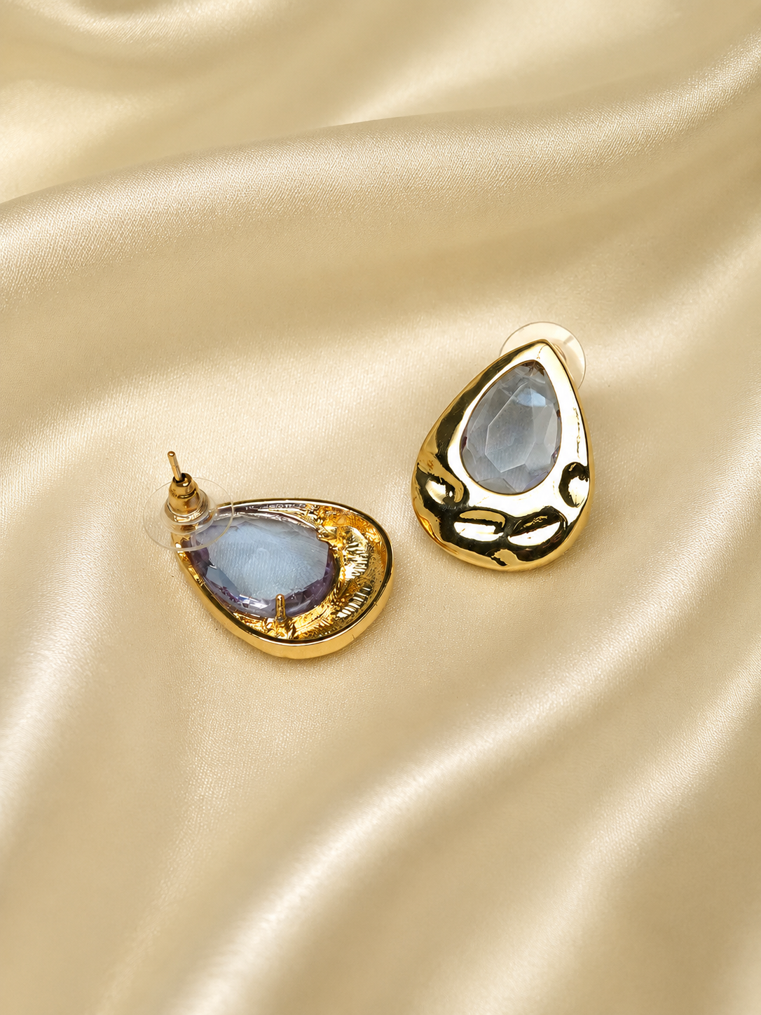 Zevar Club Matte Gold Tone Stainless Steel Tarnish Free Waterproof Tear Drop-Shaped Light Grey Stone Stud Earrings for Women