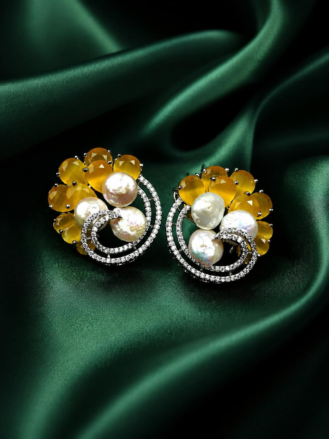 Zevar Club Rhodium-Plated Handcrafted Baroque Pearl & Black Crystal Cubic Zirconia Swirl Stud Earrings