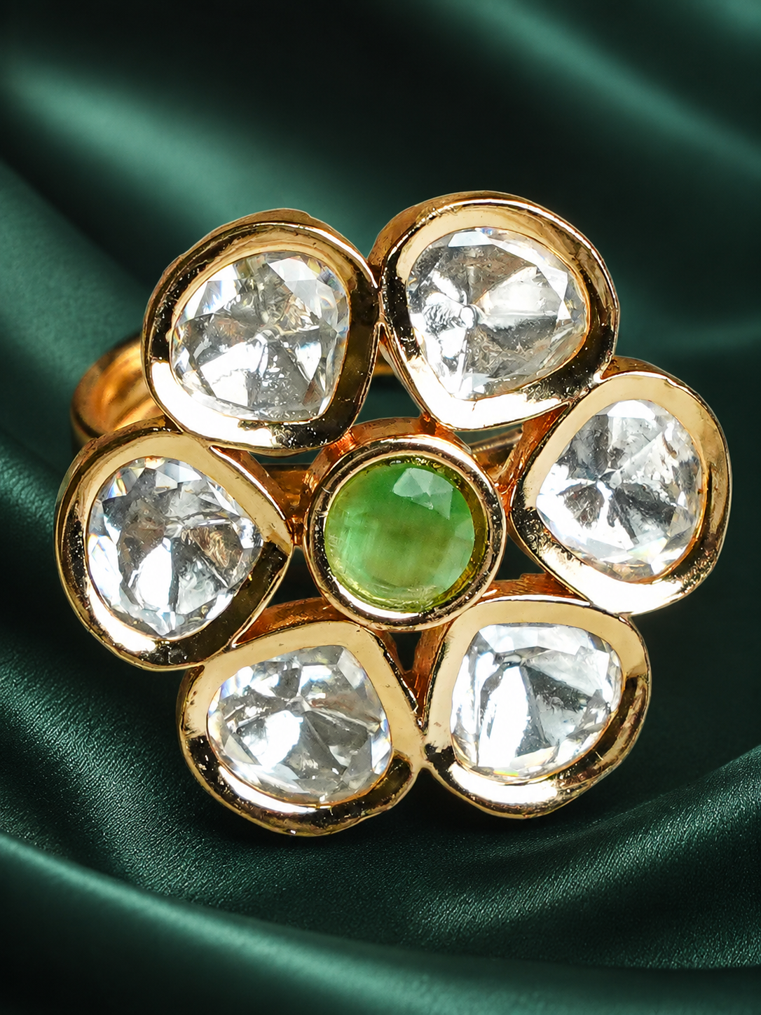 Zevar Club Gold-Toned White Kundan Studded Floral Adjustable Ring with Green Center Stone
