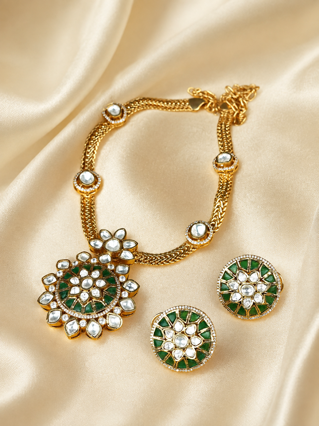 Zevar Club 24K Gold Plated White Kundan Studded Handcrafted Jewellery Set with Green Enamel Floral Pendant & Earrings for Women