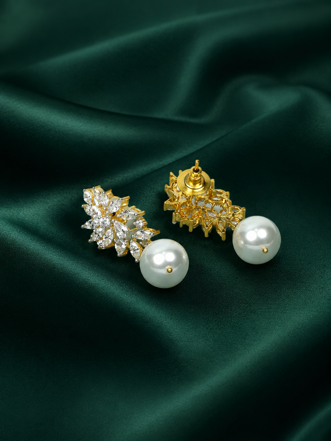Zevar Club 22K Gold-Plated Handcrafted Cubic Zirconia & Pearl Studded Leaf Design Earrings