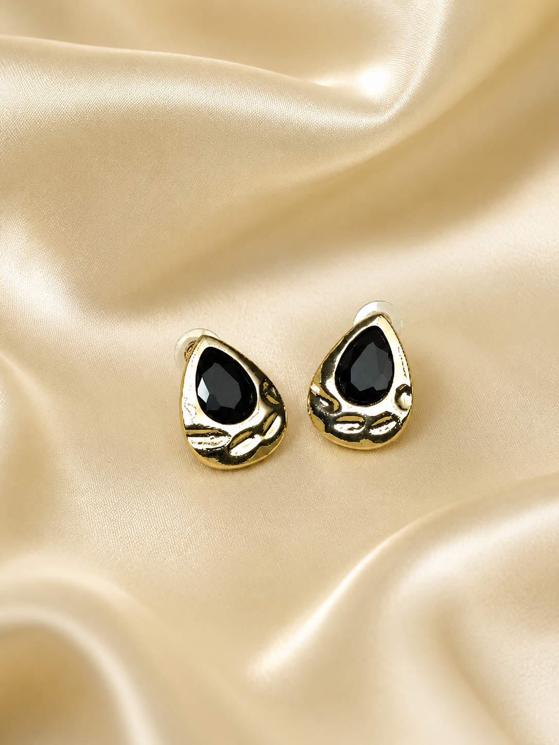 Zevar Club Matte Gold Tone Stainless Steel Tarnish Free Waterproof Tear Drop-Shaped Black Stone Stud Earrings for Women