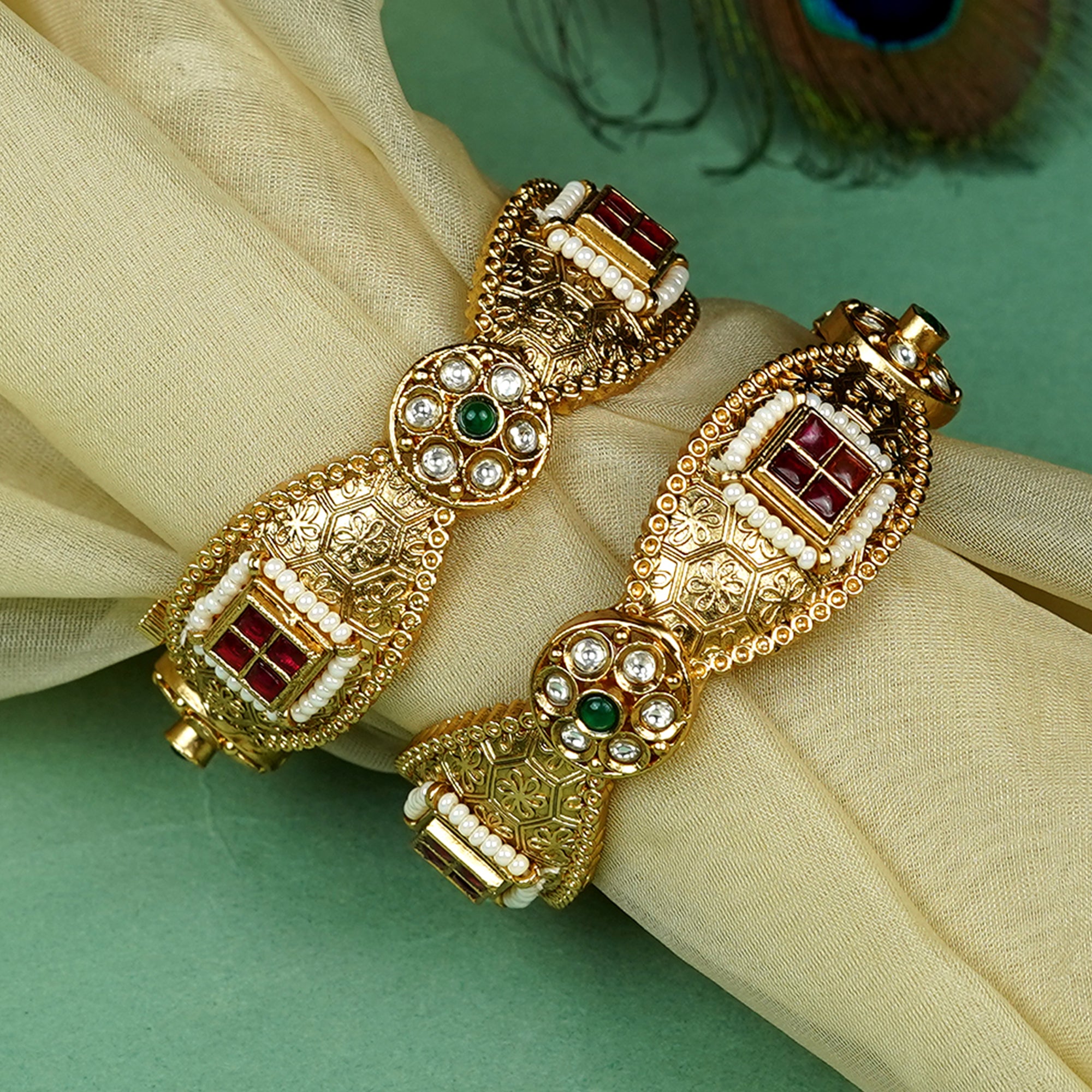 Zevar Club Set of 2 22K Gold-Plated Handcrafted Bangles with Ruby Emerald Kundan & Textured Floral Design