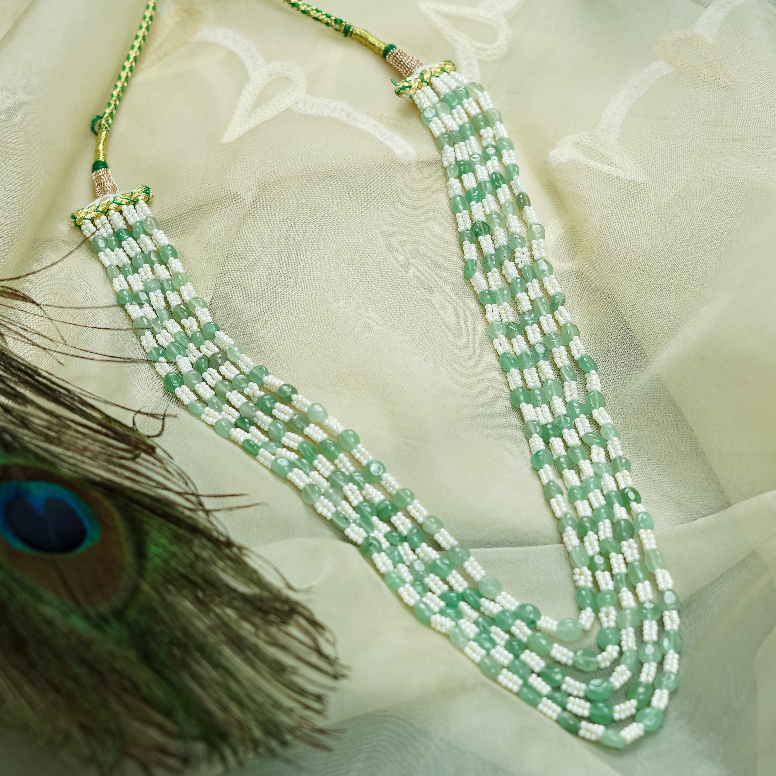 Zevar Club Light Green & White Multi-Strand Glossy Beads Handcrafted Luxury Necklace