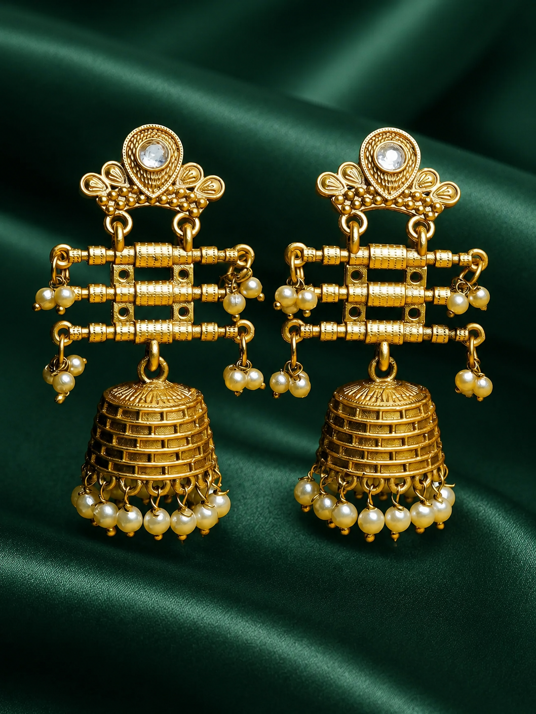 Zevar Club 18K Gold-Plated White Kundan Studded Layered Traditional Jhumka Earrings with Pearls