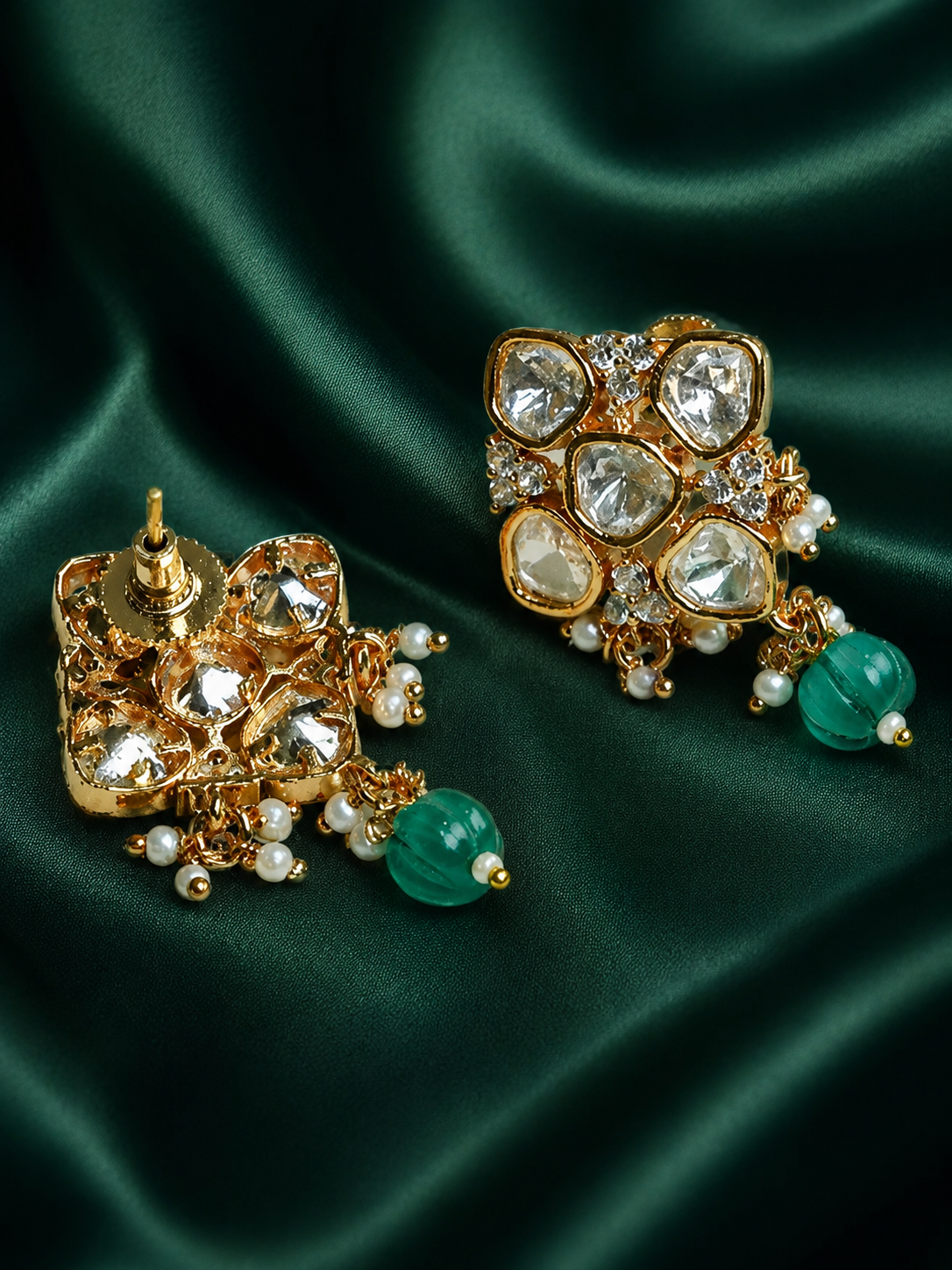 Zevar Club 12K Gold-Plated Rhombus Pastel Green Kundan Drop Earrings