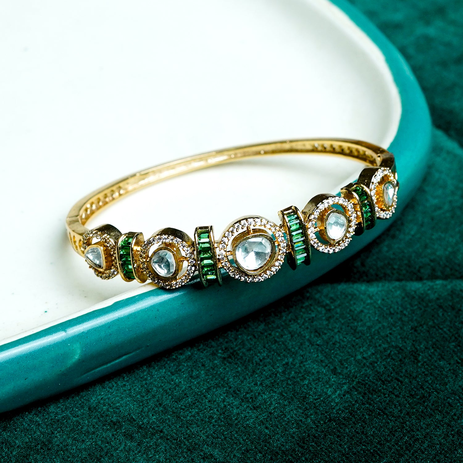 Zevar Club Gold-Toned White Kundan & Cubic Zirconia Studded Emerald Green Luxury Statement Bracelet