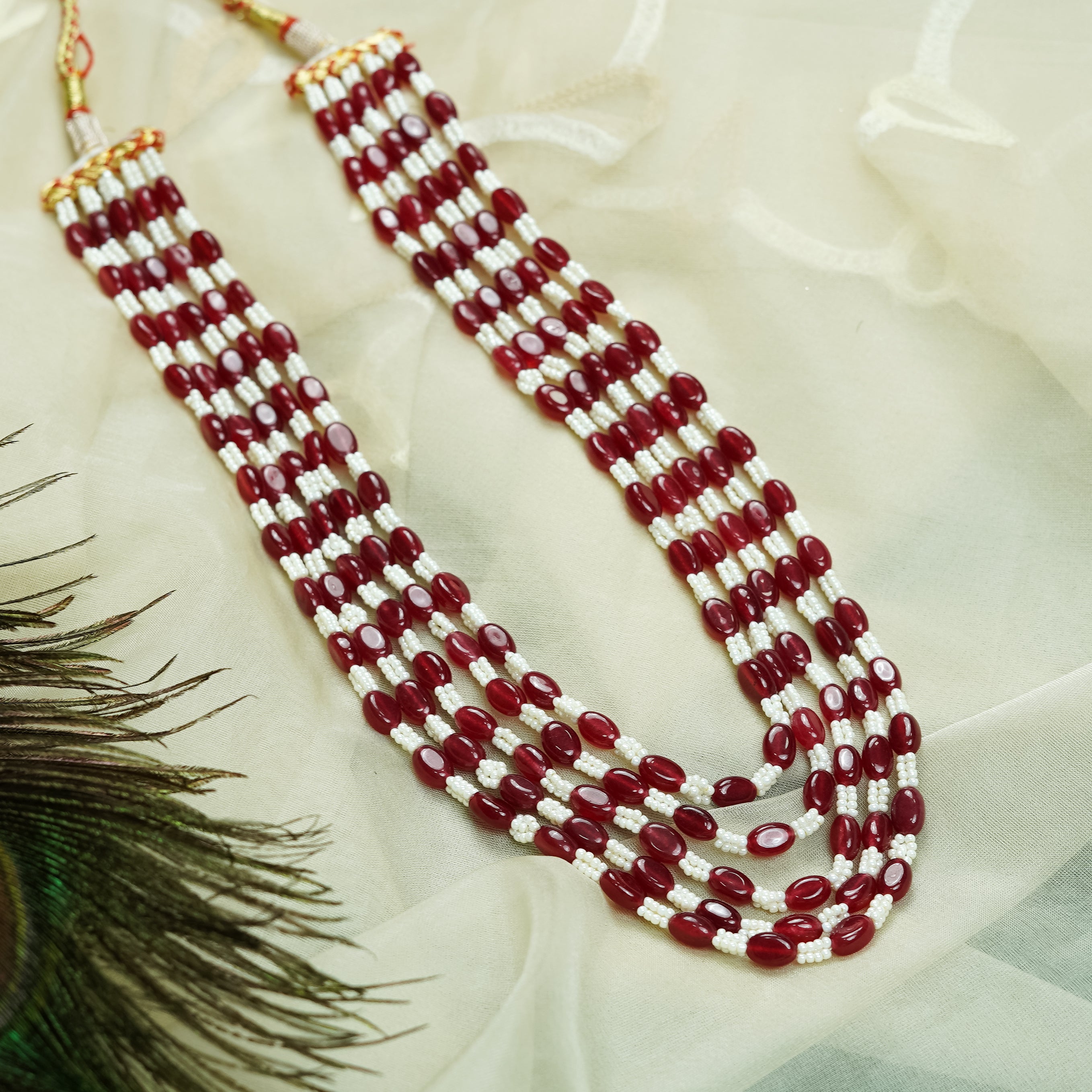 Zevar Club Maroon & White Multi-Strand Glossy Beads Gold Tone Handcrafted Necklace