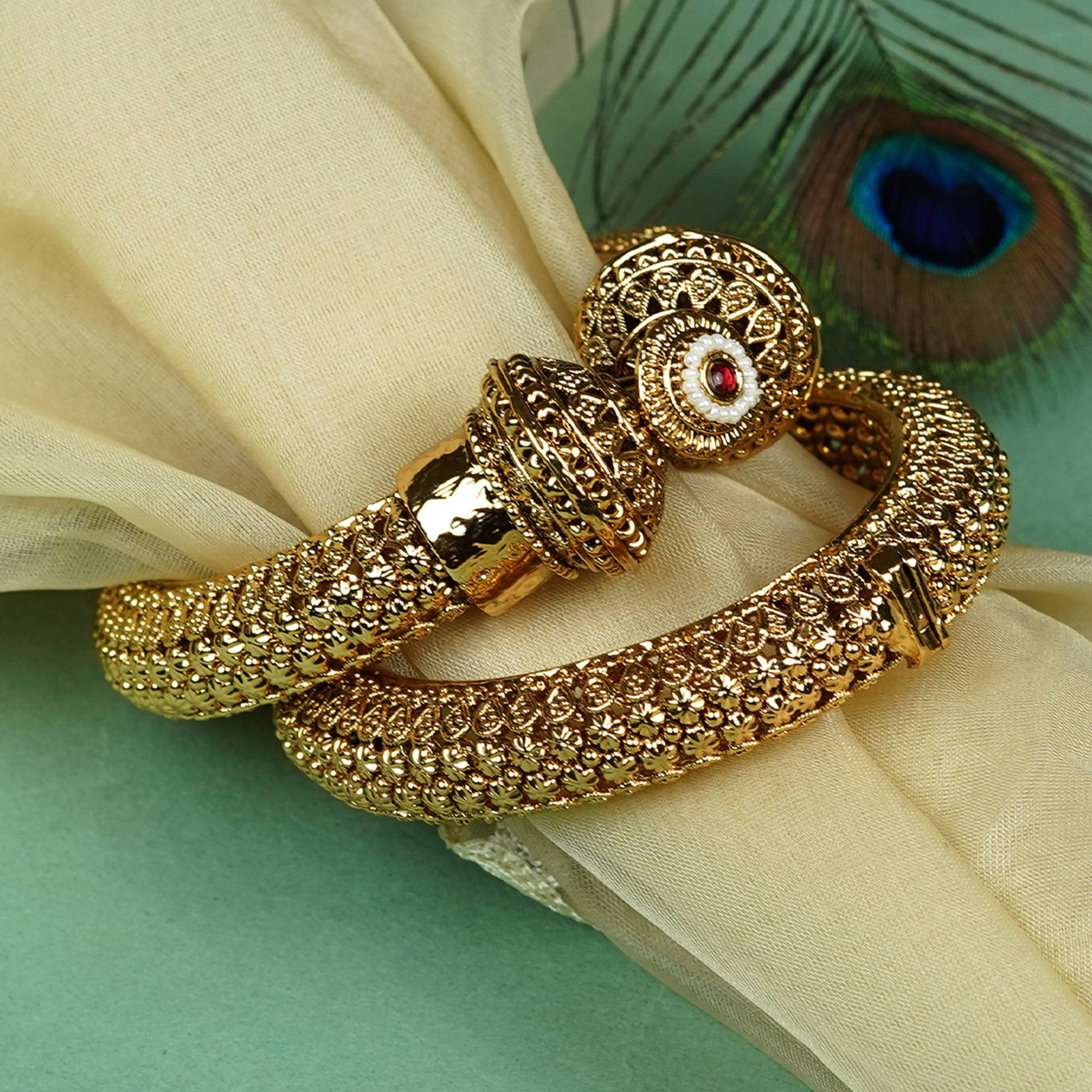 Zevar Club Set of 2 22K Gold-Plated Handcrafted Openable Rajwadi Bangles with Ruby Pearl & Kundan Stones for Women