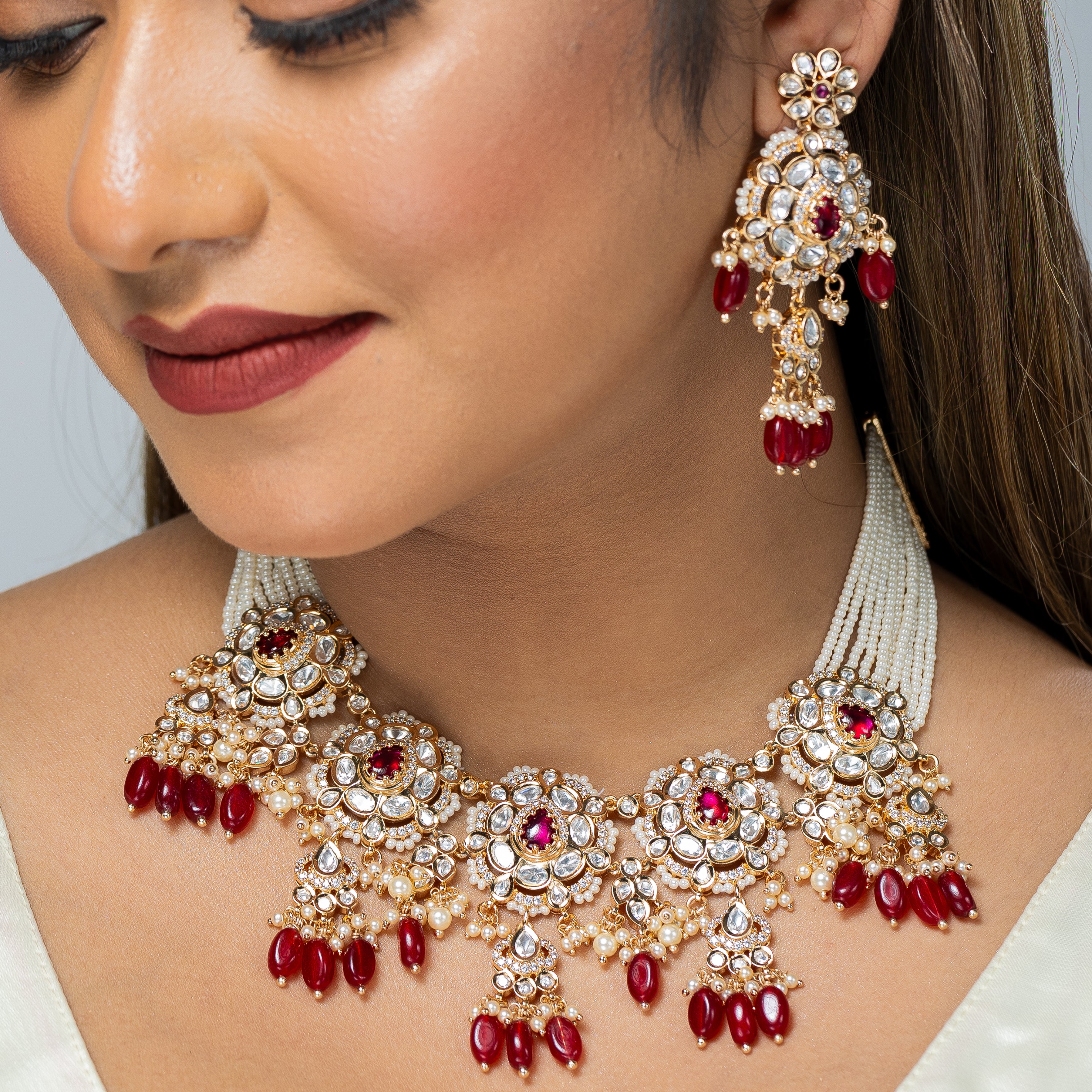 Zevar Club Semi Bridal Flower Shaped Uncut Kundan Pearls Full Set