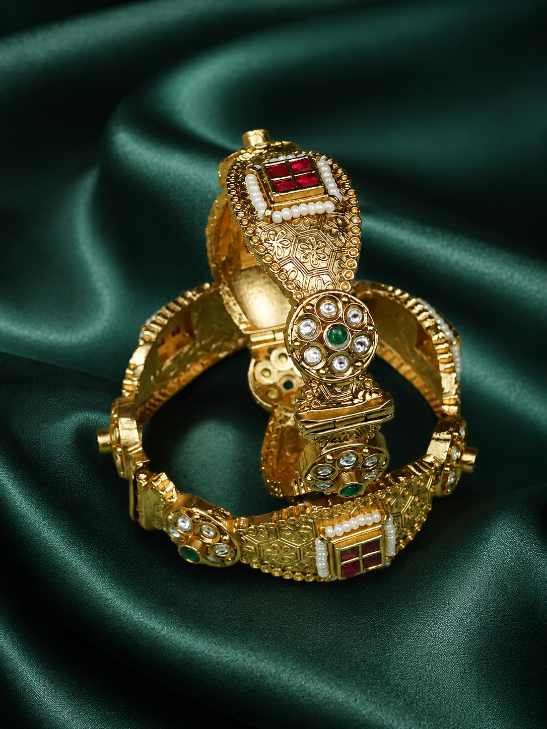 Zevar Club Set of 2 22K Gold-Plated Handcrafted Bangles with Ruby Emerald Kundan & Textured Floral Design
