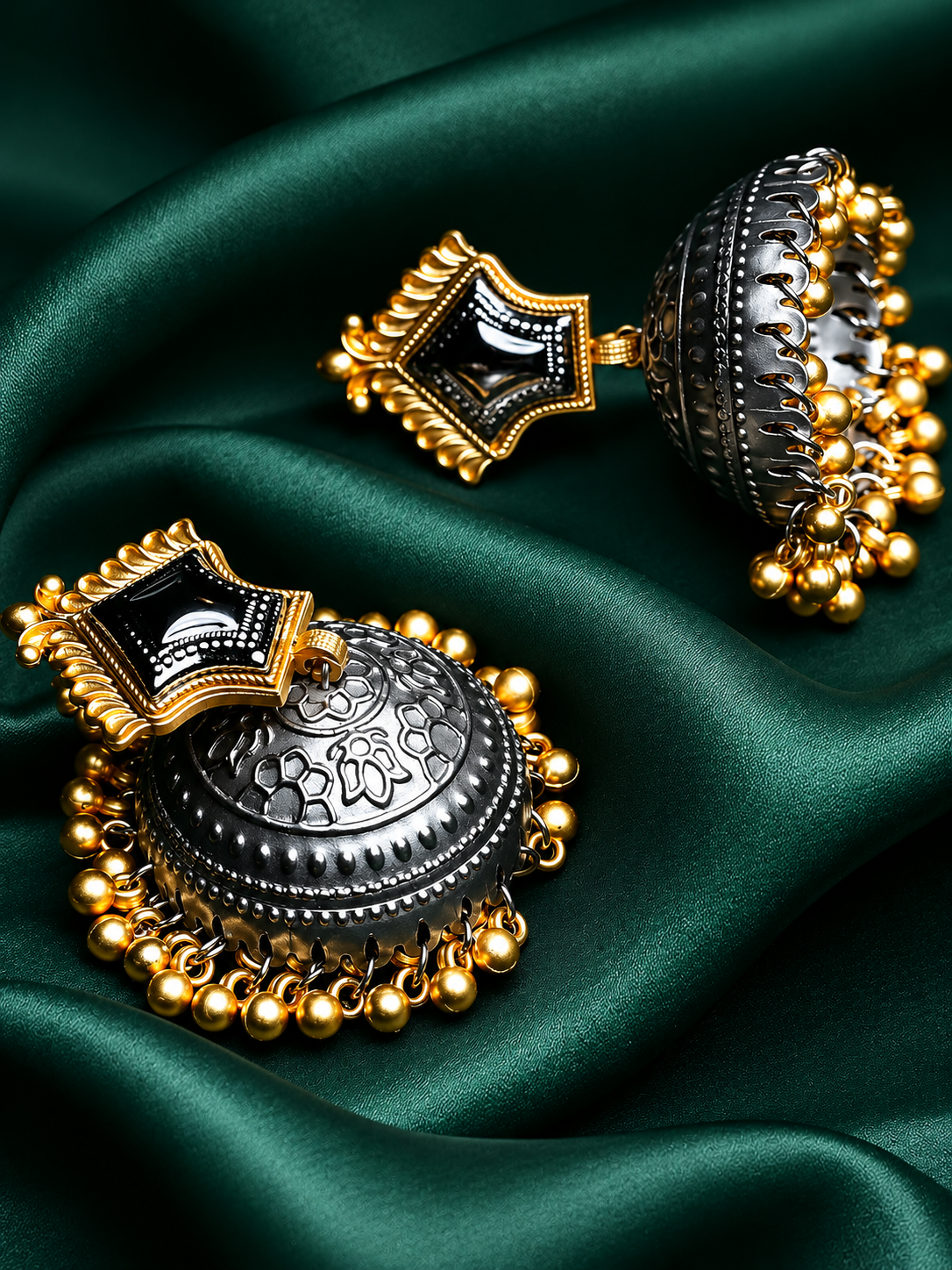 Zevar Club Oxidised Silver-Gold Tone Jhumka Earrings with Silver Beads Statement Design