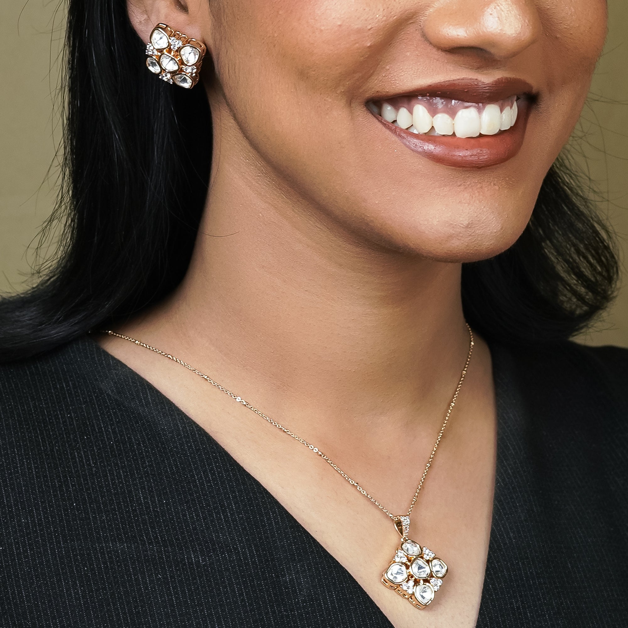 Zevar Club 22K Gold-Plated Floral Motif Kundan Pendant Necklace Set for Women