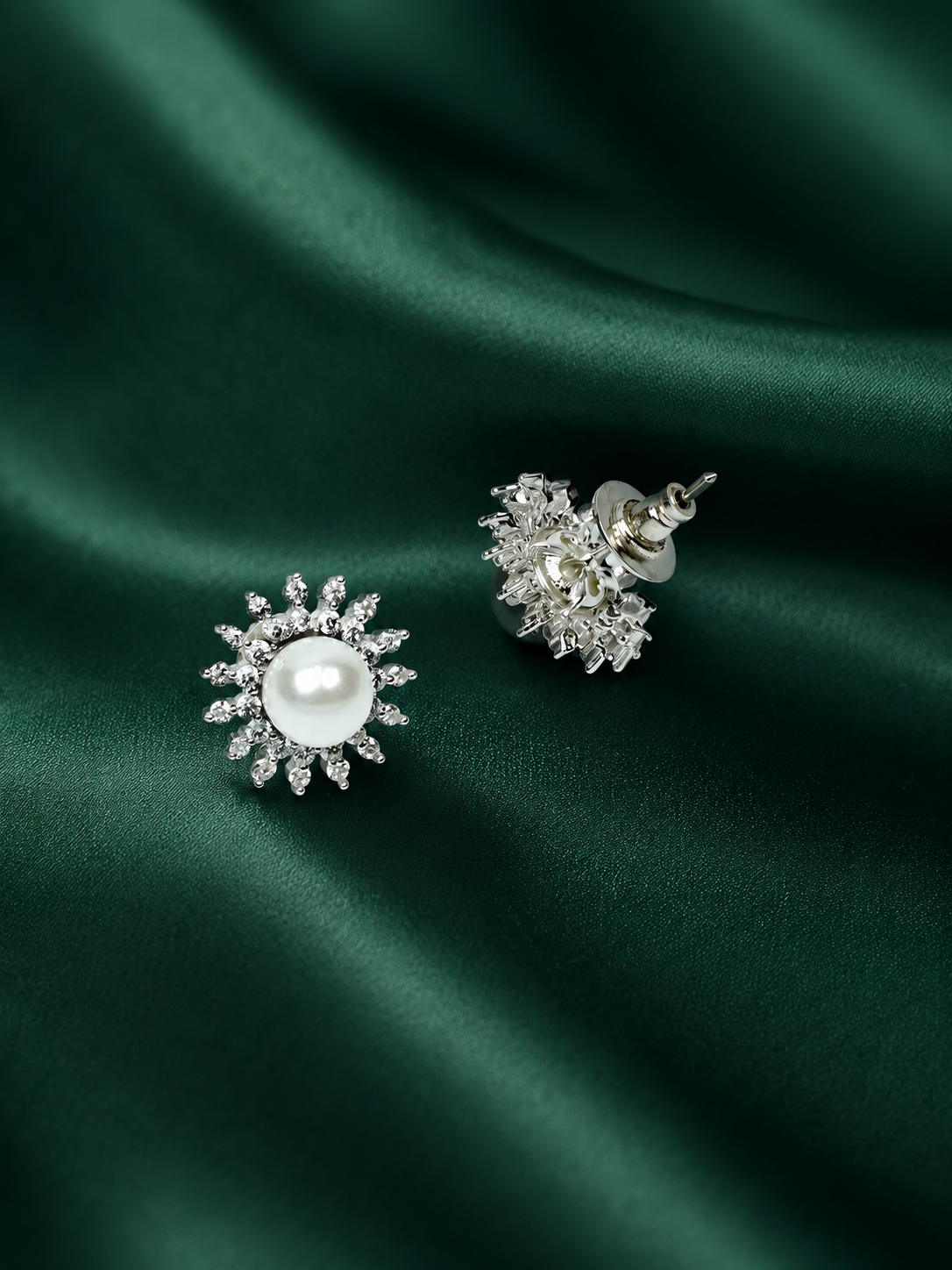 Zevar Club Rhodium-Plated White Pearl & Cubic Zirconia Floral Stud Earrings in Gold Tone