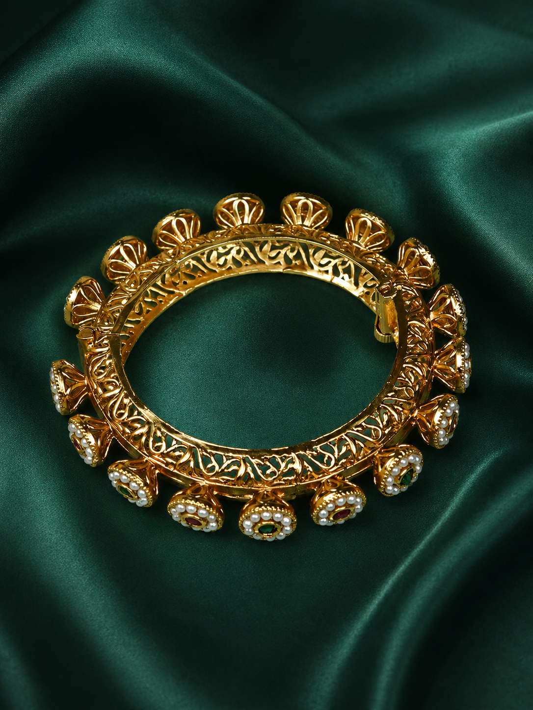 Zevar Club Set of 2 22K Gold-Plated Handcrafted Bangles with Ruby Emerald Kundan Floral & Pearl Accents
