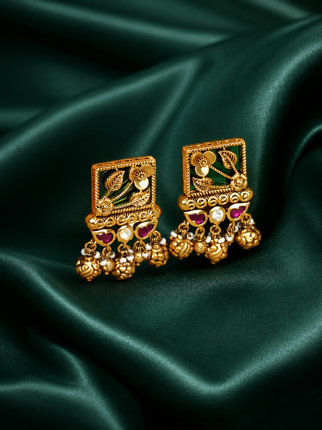 Zevar Club 22K Gold-Plated Green Enamelled Square Flora Earrings with Ruby Stones & Golden Danglers