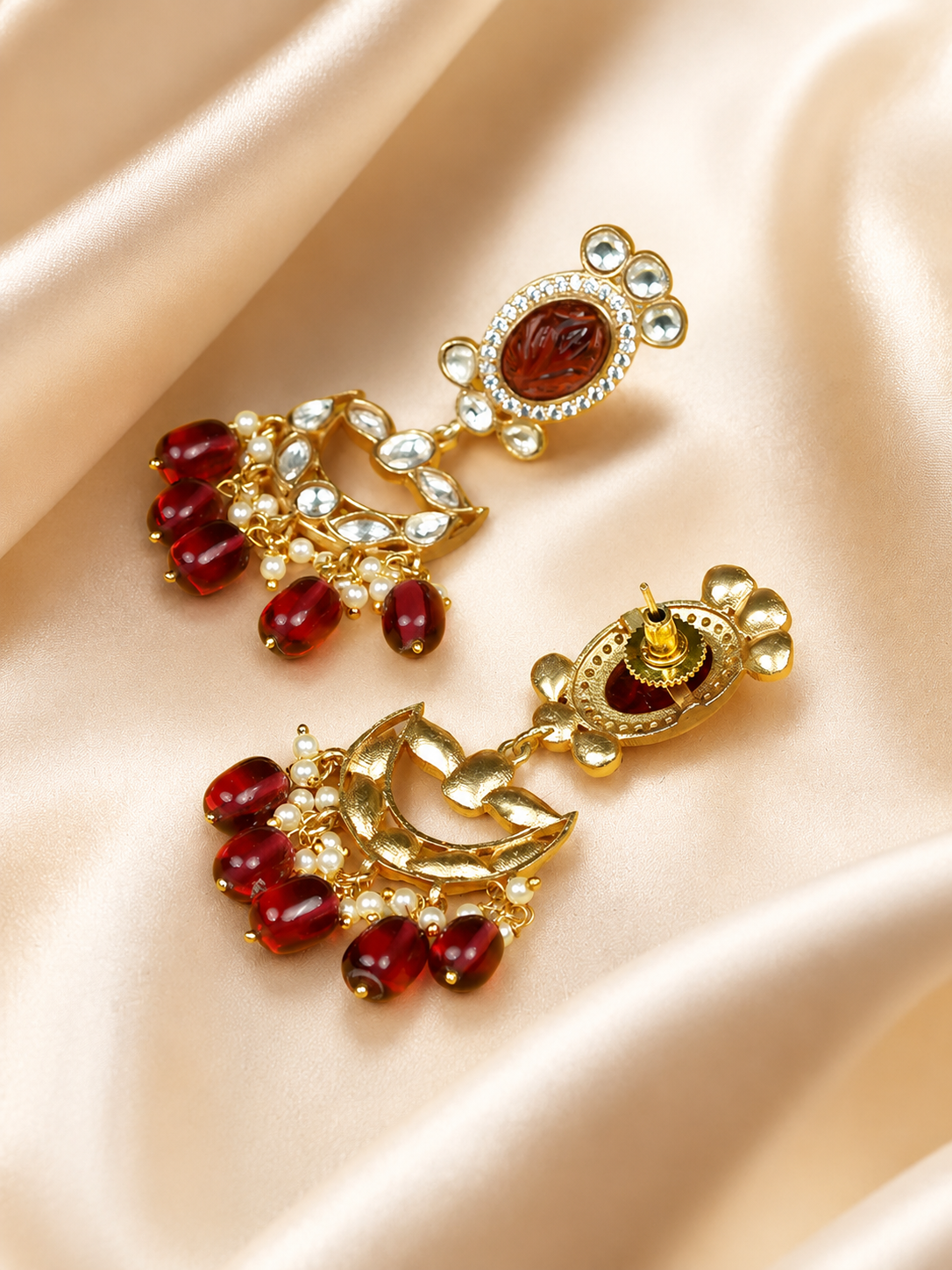 Zevar Club White Pearl Beaded Choker Necklace Set with Maroon Stone & White Kundan Studded Pendant and Earrings for Women