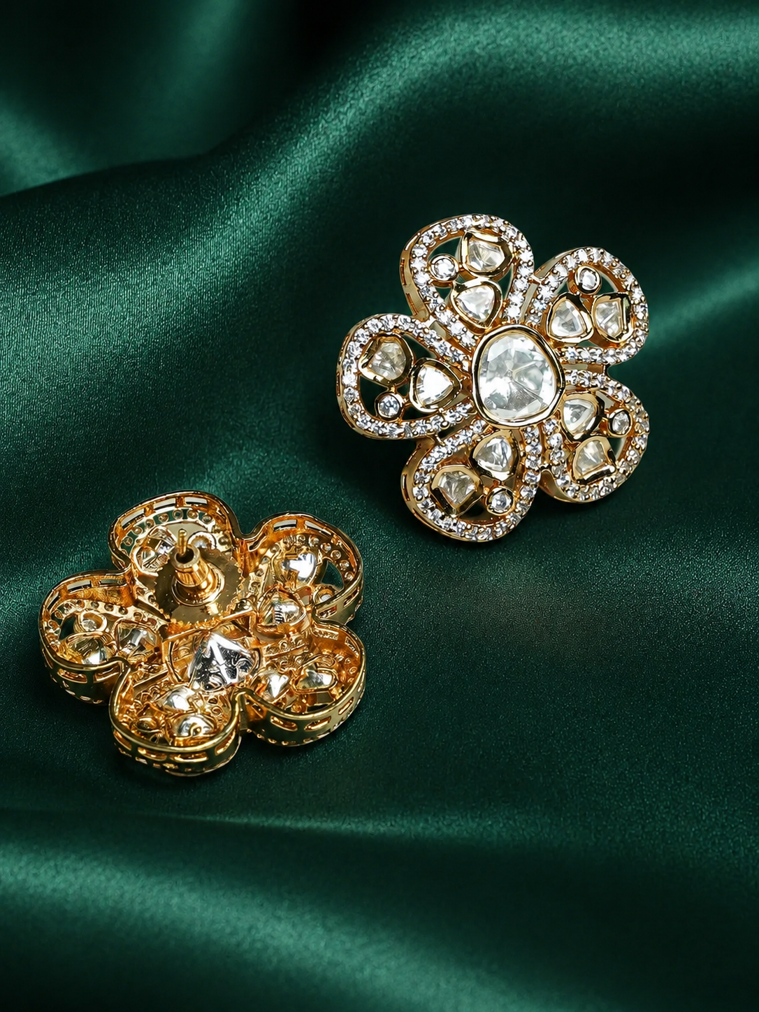 Zevar Club 12K Gold-Plated Flower Shaped Kundan Diamond Studs