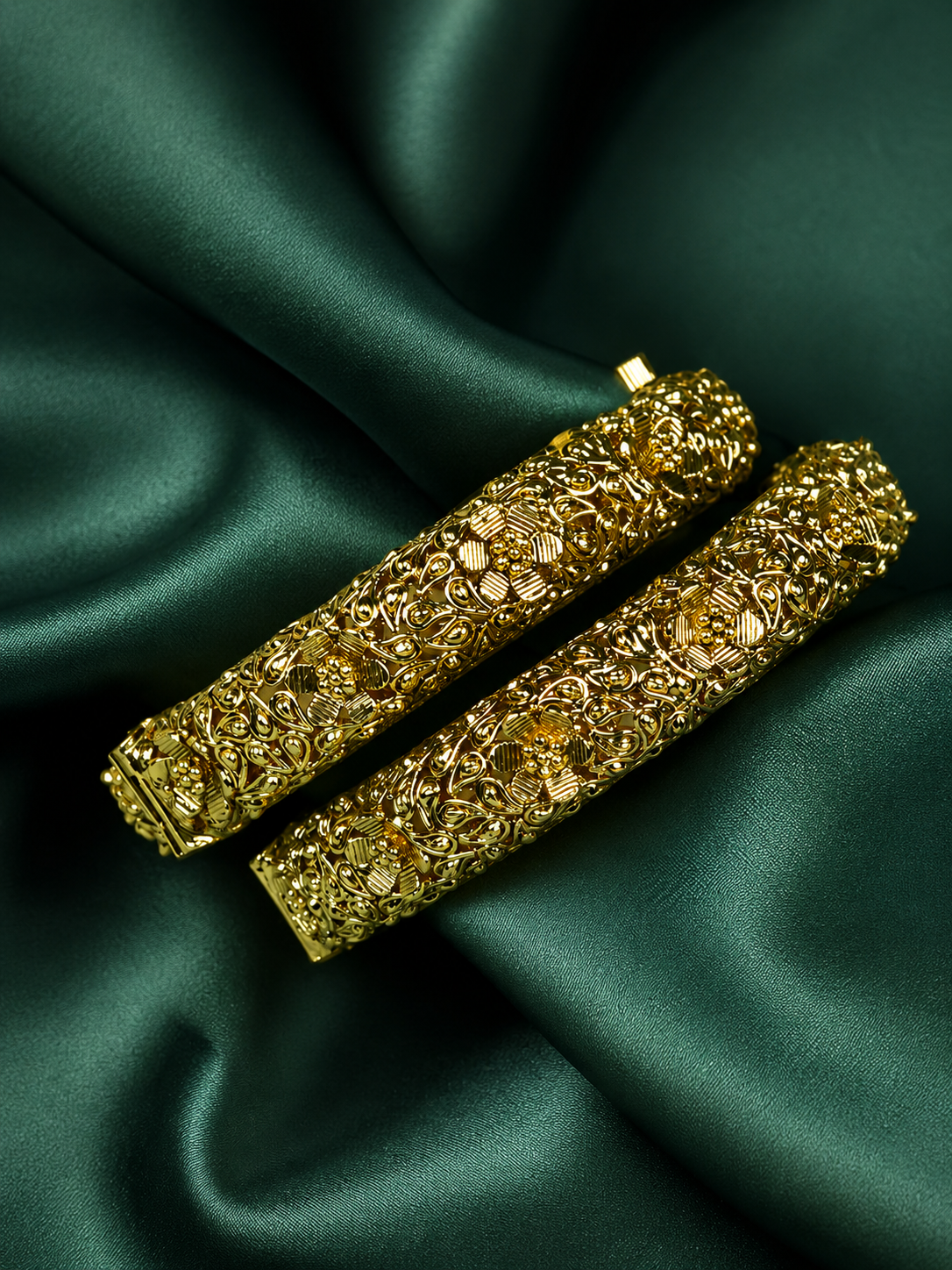 Zevar Club Set of 2 22K Gold-Plated Floral Textured Bangles with Light Golden Stone Studded Design for Women