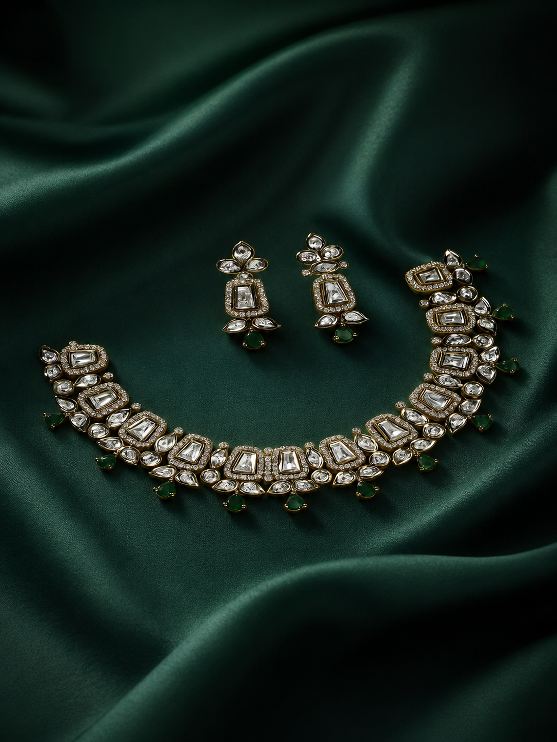 Zevar Club 22K Gold-Plated White Kundan & Emerald Green Studded Cubic Zirconia Accents Bridal Statement Necklace Set