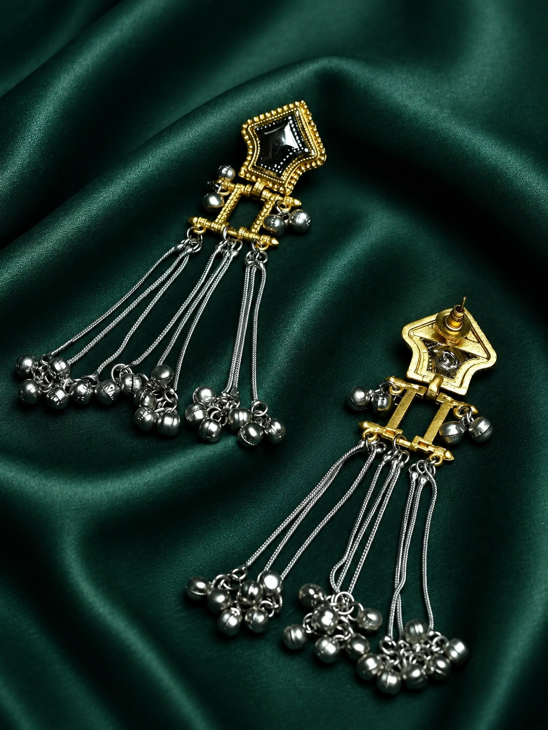 Zevar Club Oxidised Gold & Silver Long Chain Shoulder Duster Earrings with Black Enamel Top