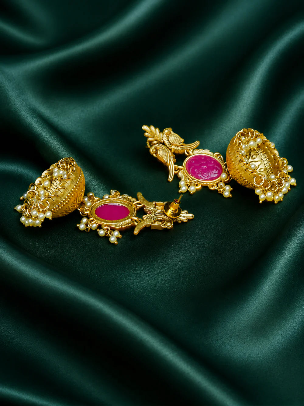 Zevar Club 22K Gold-Plated Pink Carved Stone Jhumka Earrings with Bird Motif & Pearls Drops