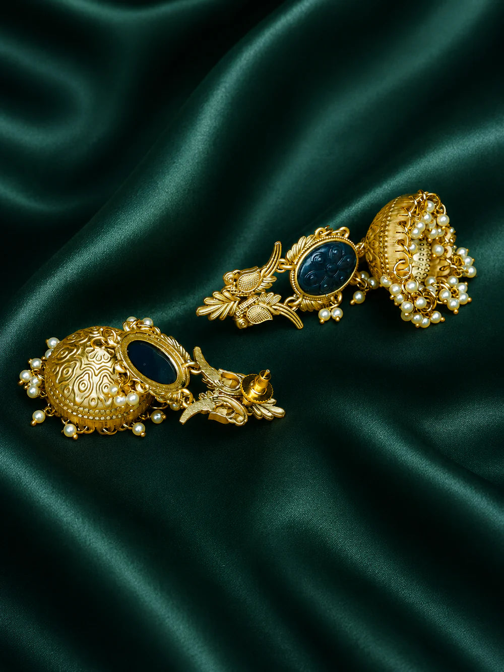 Zevar Club 22K Gold-Plated Pink Carved Stone Jhumka Earrings with Bird Motif & Pearls Drops