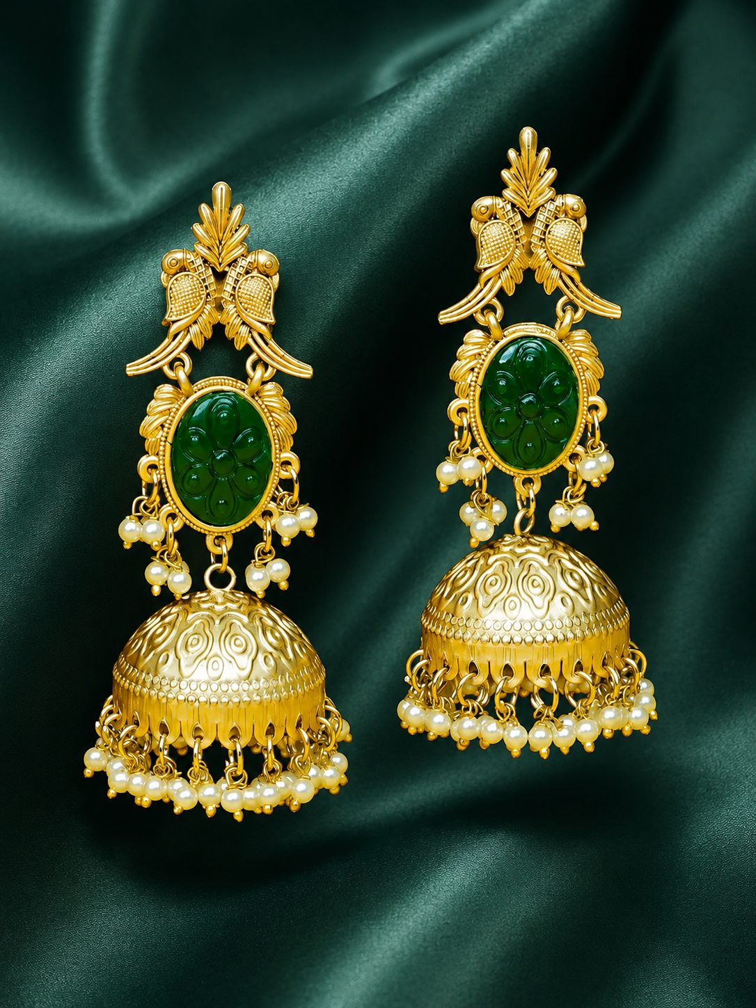 Zevar Club 22K Gold-Plated Pink Carved Stone Jhumka Earrings with Bird Motif & Pearls Drops