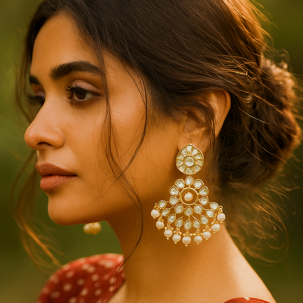 Zevar Club 12K Gold-Plated Roshini Kundan Pearl Chand Baalis