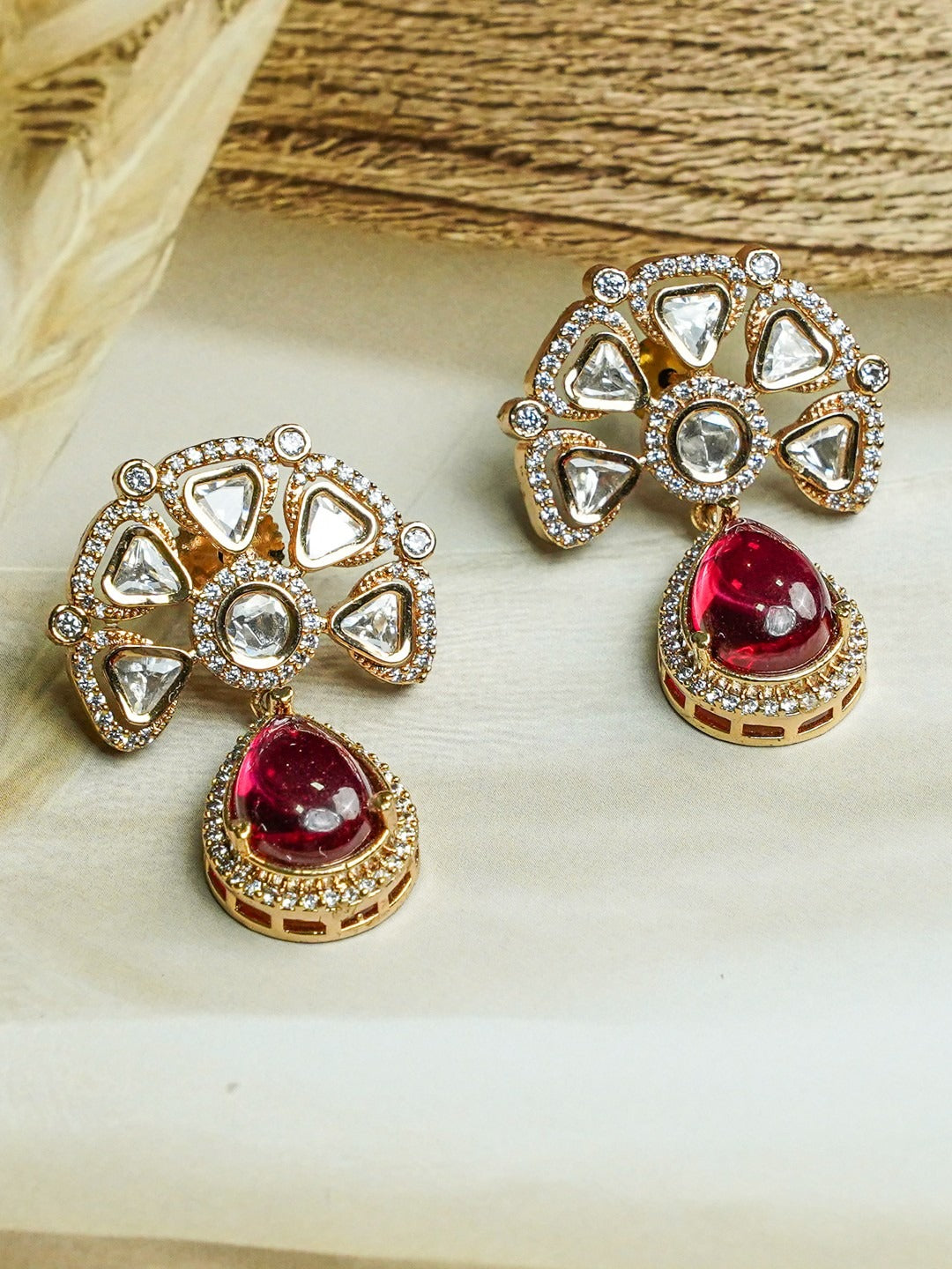 Zevar Club 12K Gold-Plated Raani Ruby Kundan Diamond Drop Earrings