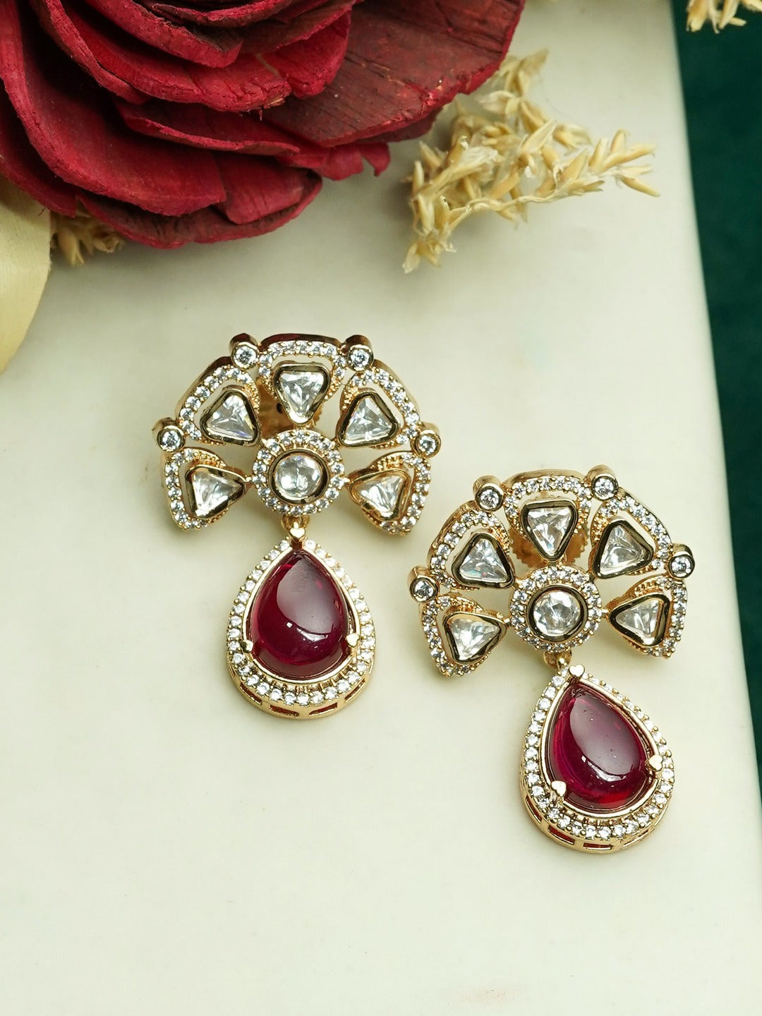 Zevar Club 12K Gold-Plated Raani Ruby Kundan Diamond Drop Earrings
