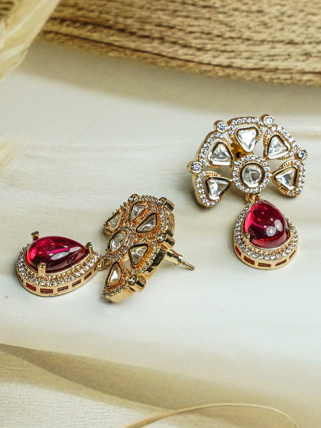 Zevar Club 12K Gold-Plated Raani Ruby Kundan Diamond Drop Earrings