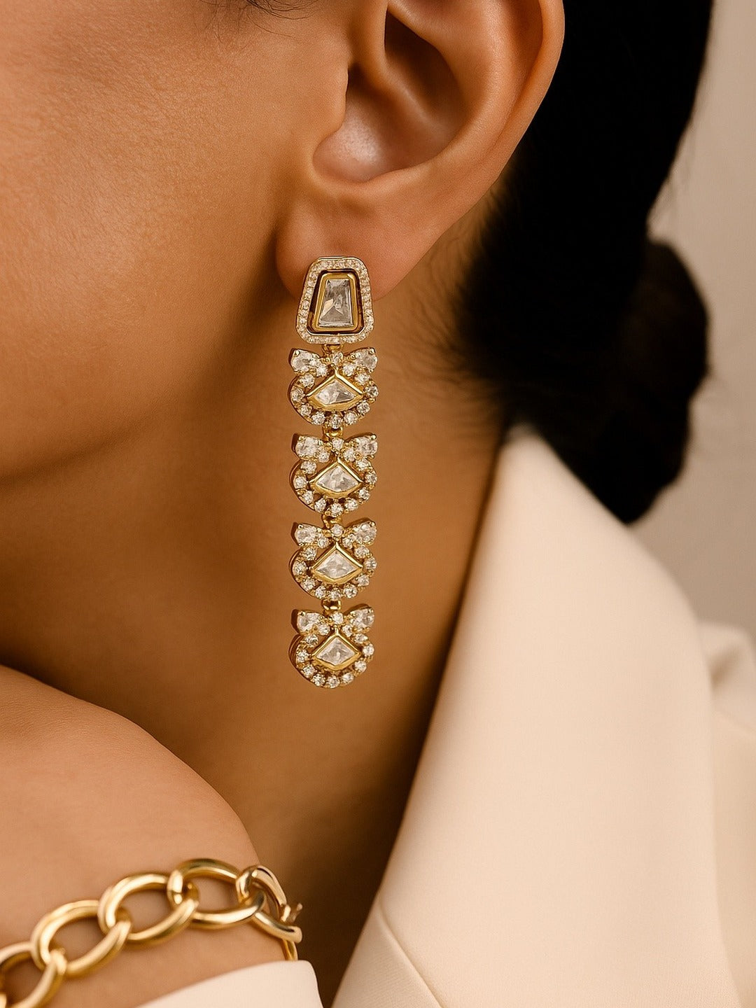 Contemporary Ivory Kundan Drop Earrings