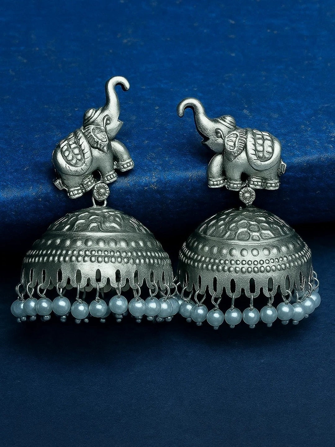 Zevar Club Oxidised Silver-Toned Elephant Stud Brass Jhumka Earrings with White Pearl Drops