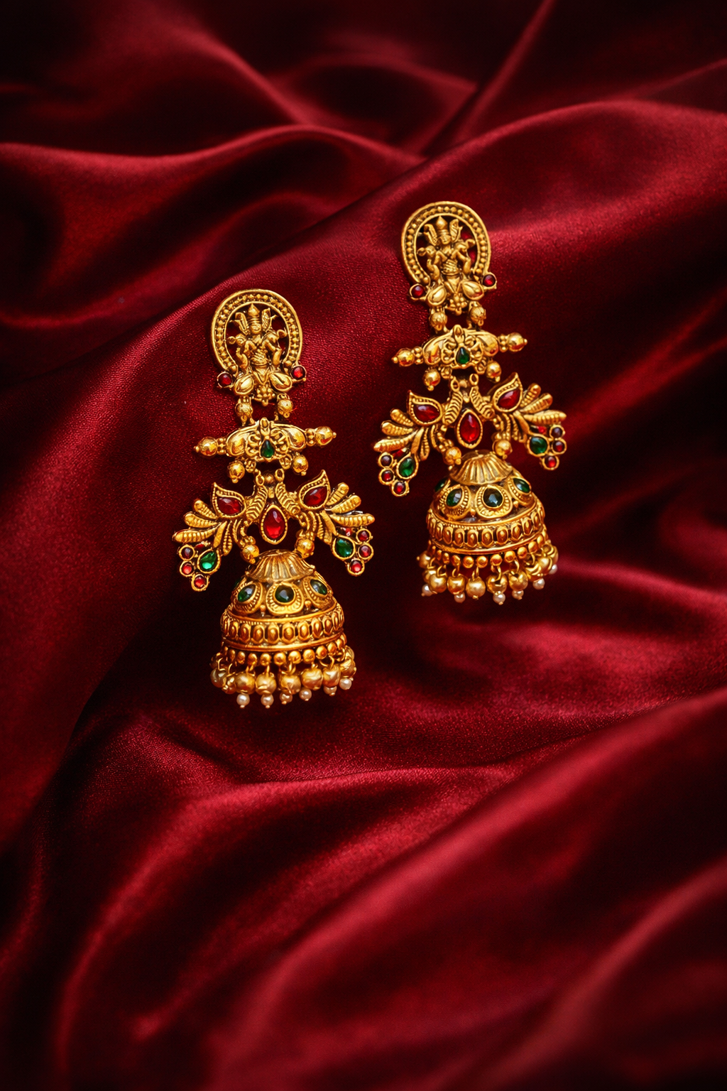 Zevar Club 22K Gold-Plated Lakshmi Motif Temple Jhumka Earrings with Red & Green Stones Accents