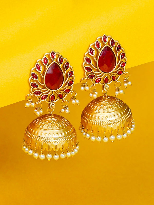 Zevar Club Valentine Statement Gold Jhumka Earrings with Red Stone & Pearls | Pack of 2