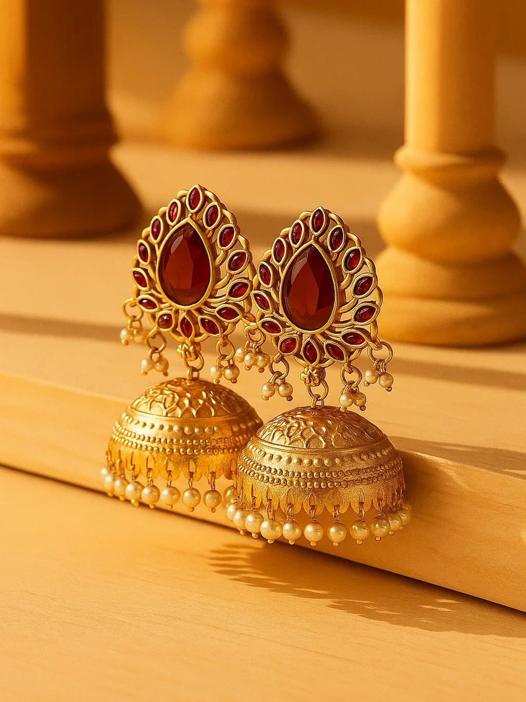 Zevar Club 22K Gold-Plated Ruby Red Stone Studded Jhumka Earrings with Pearl Drops