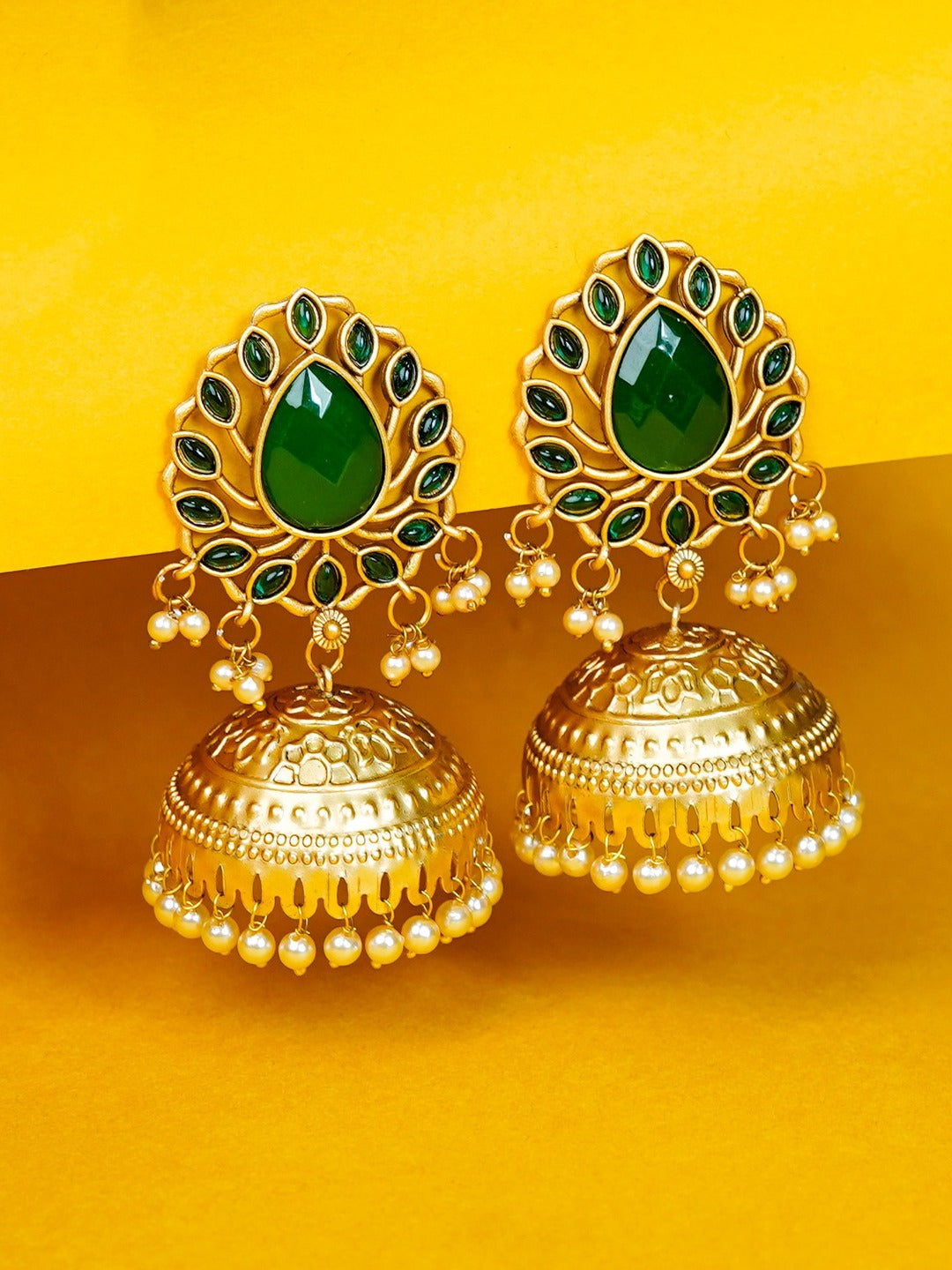 Zevar Club 22K Gold-Plated Ruby Red Stone Studded Jhumka Earrings with Pearl Drops