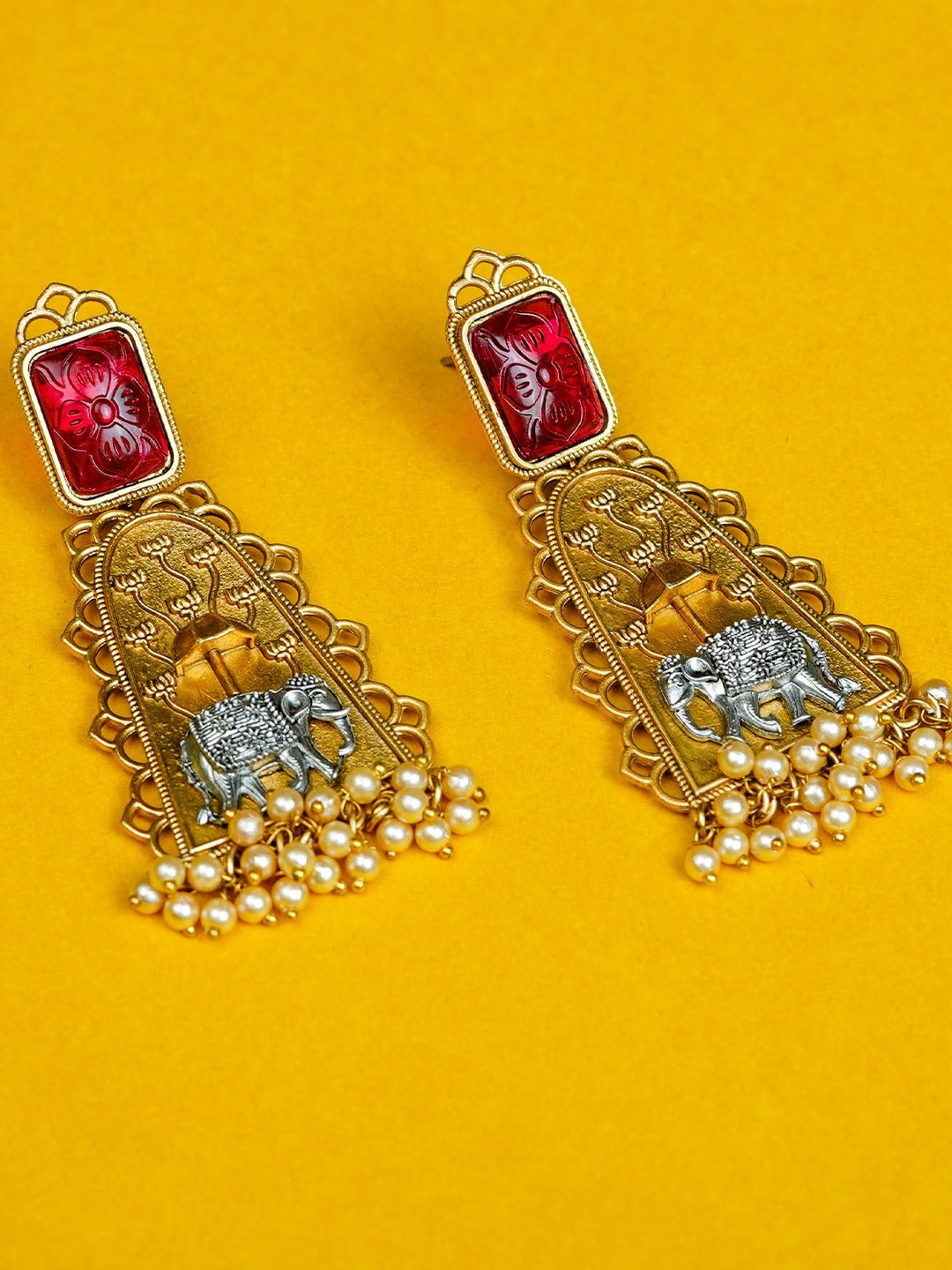 Zevar Club Oxidised Gold & Silver-Toned Elephant Motif Earring with Green Top & Pearls Drops