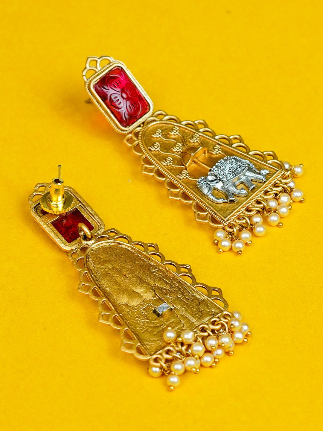 Zevar Club Oxidised Gold & Silver-Toned Elephant Motif Earring with Green Top & Pearls Drops